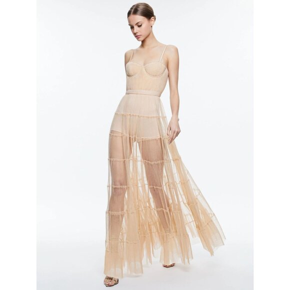 Alice + Olivia Deena Pleated Almond Maxi Dress With Hot Pant 0 NWT $660 - Picture 2 of 13